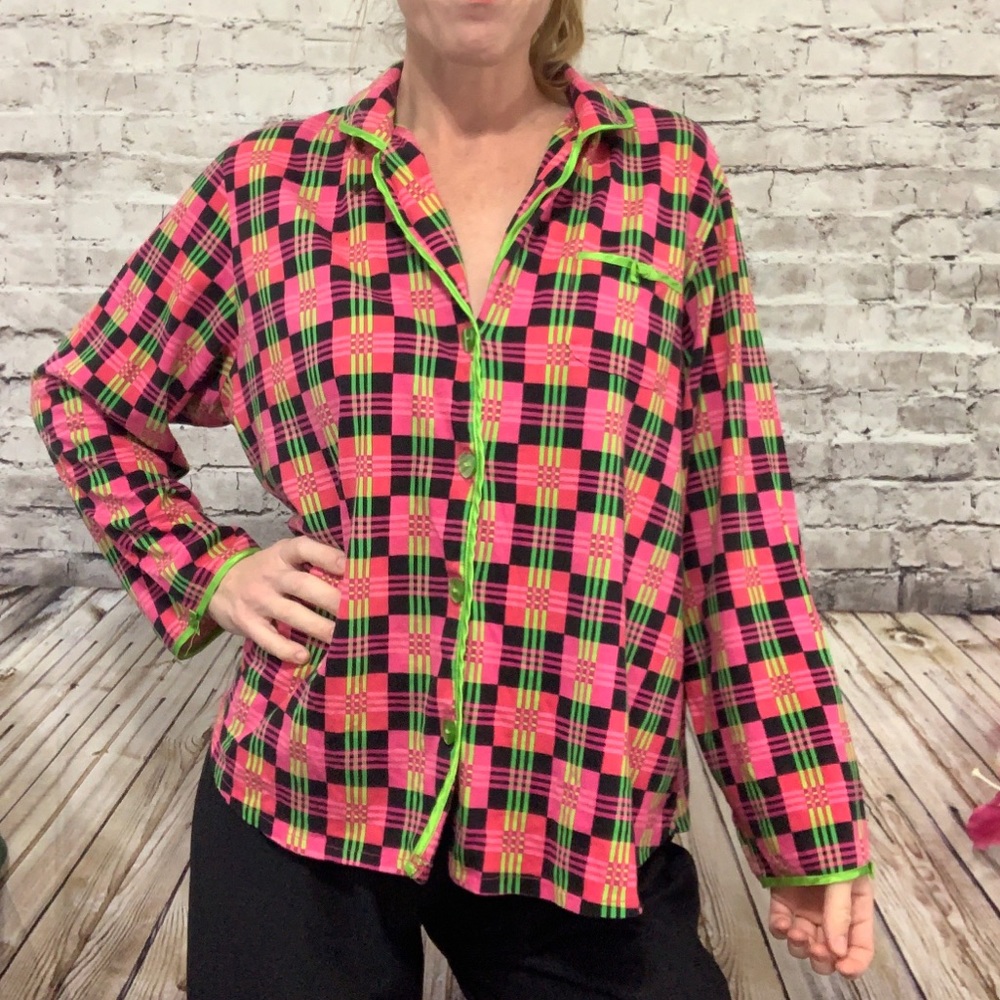 Betsey Johnson Women's Pink Plaid Button-Front Sleep Shirt Neon